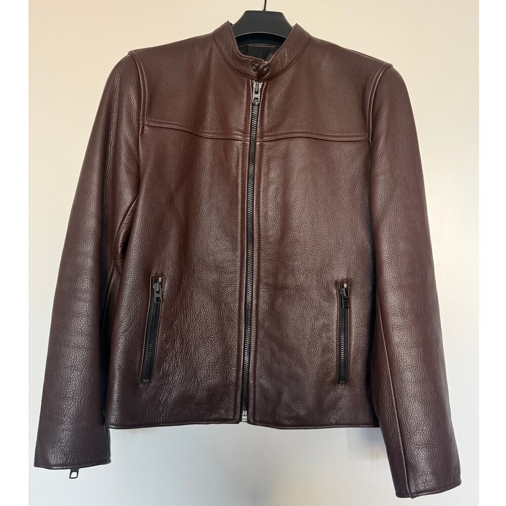 Coach F86594 Men's XS Mahogany Pebbled Cow Leather Moto Racer Jacket Coat EUC